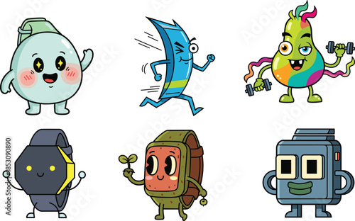 Cartoon health and fitness characters with expressive faces, wearable tech, playful vector for kids, wellness, fun, and educational design