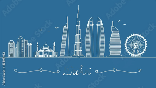 Minimalist Blue and White Blueprint Vector Illustration of Modern Architectural City Skyline
