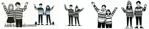 vector line art of a couple standing waving hands