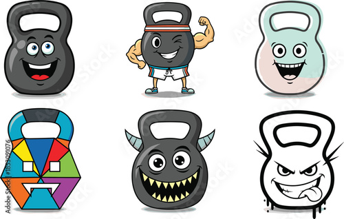 Cartoon kettlebell characters with expressive faces, fitness theme, playful vector for kids, gym, strength, fun, and motivational design