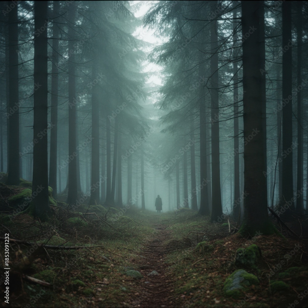 Fototapeta premium A Solitary Figure Walks Down a Foggy Forest Path Lined with Tall Pine Trees Illuminated by Soft Diffused Light Casting a Mysterious Atmosphere