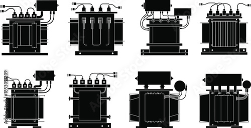 Vector illustration of electrical transformers with industrial components, coil configurations, and power distribution elements for energy infrastructure and technical documentation.