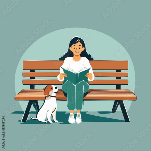 Young Woman Reading Book Outdoors with Pet Dog