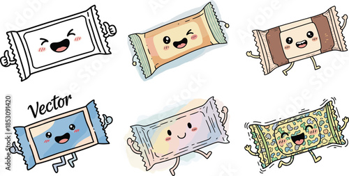 Cartoon snack bars with expressive faces, colorful wrappers, playful food character vector for kids, sweets, fun, and design themes