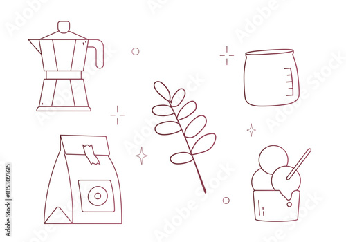 Minimalist hand-drawn doodle collection of coffee shop elements including brewing equipment, moka pots, espresso tools, and sweet pastries in a whimsical line art style.