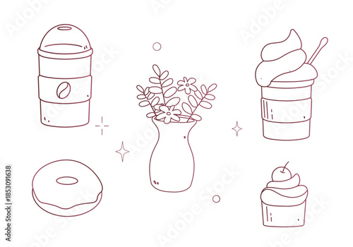 Minimalist hand-drawn doodle collection of coffee shop elements including brewing equipment, moka pots, espresso tools, and sweet pastries in a whimsical line art style.