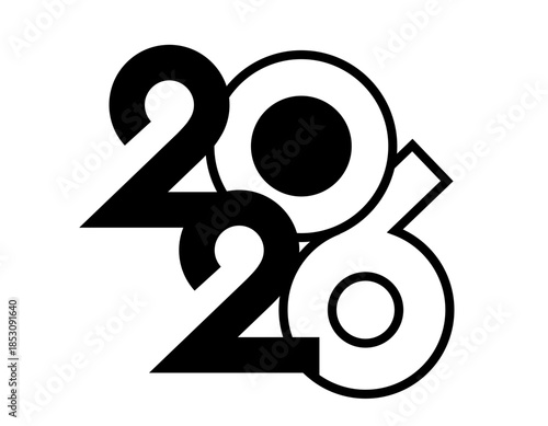 2026 number design template. Black color of 2026 Happy New Year logo text design. Collection of 2026 Christmas festive stickers. Vector illustration isolated on white background
