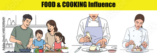 Family cooking together and chefs decorating desserts Keywords: family, cooking, kitchen