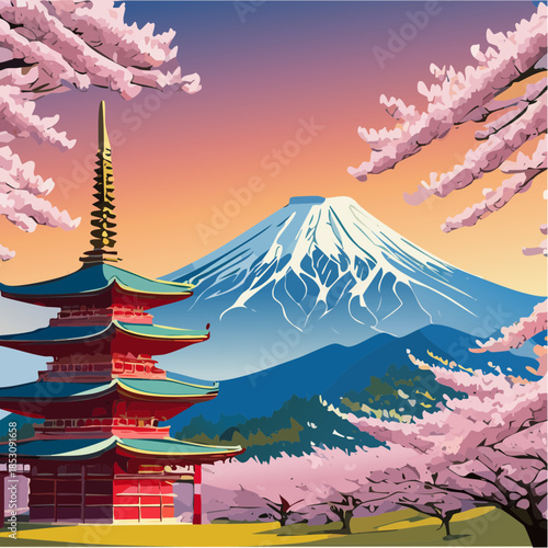 Symmetrical View of Mount Fuji and Japanese Pagoda Illustration