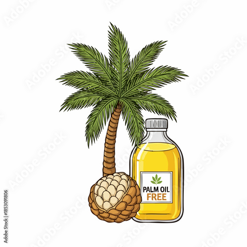 Palm oil free product concept with stylized palm tree and raw palm fruit bunch. Detail shows clear bottle prominently labeled "palm oil free" for conscious consumer choices.