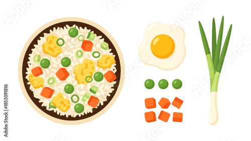 Top View of Savory Fried Rice Ingredients and Prepared Dish