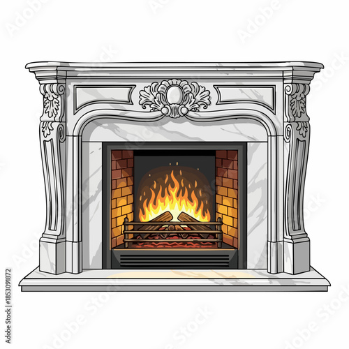 Ornate fireplace with elegant marble mantelpiece and glowing fire within brick hearth. This classic fireplace features burning logs and warm flames, creating a cozy atmosphere.