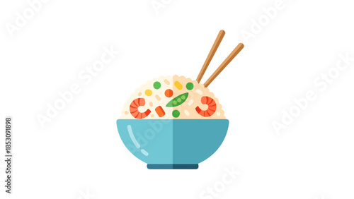 Bowl of Savory Rice with Shrimp and Vegetables and Chopsticks