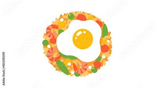 Round Plate of Fried Rice with Fried Egg Topping Vegetables and Shrimp