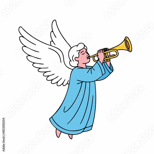 Christmas angel in blue robe with white wings plays golden trumpet, a graceful celestial figure announcing good news with instrument. Festive Christmas angel for holiday designs, greeting cards,