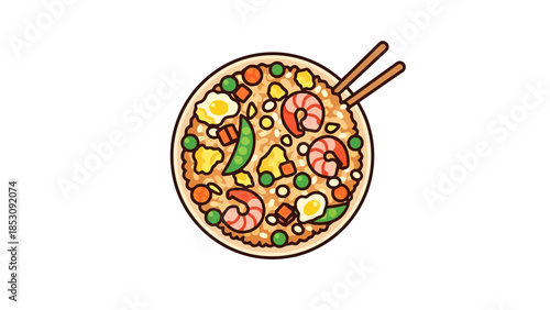 Asian Fried Rice Bowl With Shrimp and Vegetables Top View