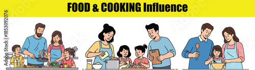 Diverse families cooking together in a kitchen scene illustration family food
