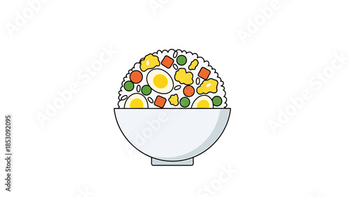 Bowl of Rice with Vegetables and Egg Slices Simple Flat Design Food Art