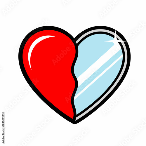 Bright reflective heart symbol with one half solid red and other half shiny light blue glass. Reflective heart illustration shows contrast between emotion and introspection, clean white background.