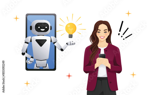 Cartoon AI robot showing glowing light bulb to woman holding smartphone, searching for idea and inspiration. Vector illustration of artificial intelligence technology