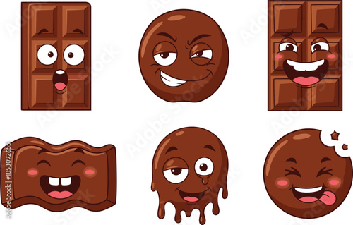Cartoon chocolate characters with expressive faces, playful emotions, cute food vector for kids, sweets theme, fun, and design content