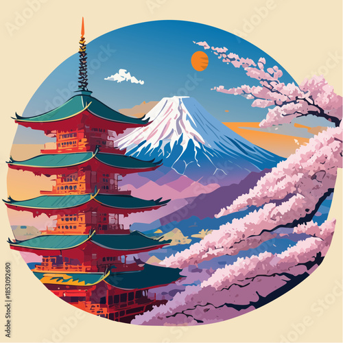 Japanese Pagoda and Mount Fuji in Circular Landscape Illustration