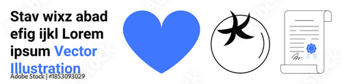 Love, certification, restrictions, ideas, approval, rejection. Blue heart, banned item symbol certified document with a seal. Love and certification in minimalistic style