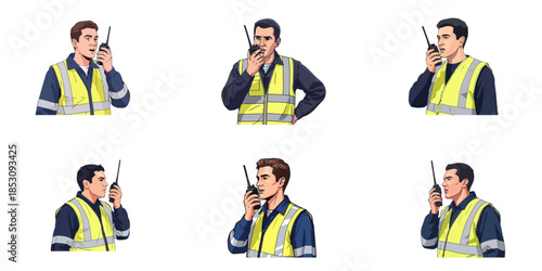 Set Collection A man in a high-visibility vest speaking into one handheld radios on a white background