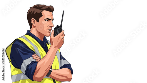 A man in a high-visibility vest speaking into one handheld radios on a white background