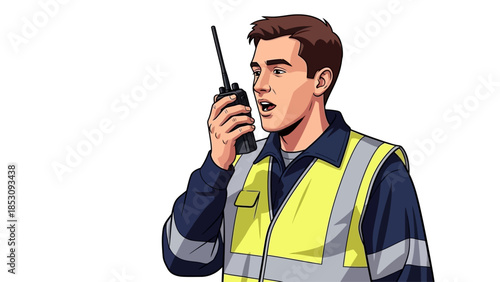 A man in a high-visibility vest speaking into one handheld radios on a white background