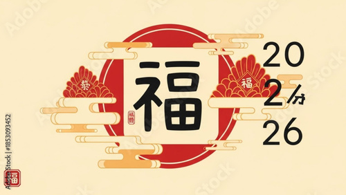 Chinese character fu, red circle, floral design, chopsticks, numbers 20, 2, 26
