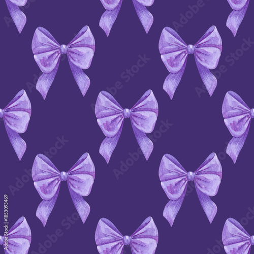 Pretty purple bow. Seamless pattern hand drawn watercolor. Knotted ribbon. Tape, rope. Decoration, decor. Illustration background for fabric and packaging.