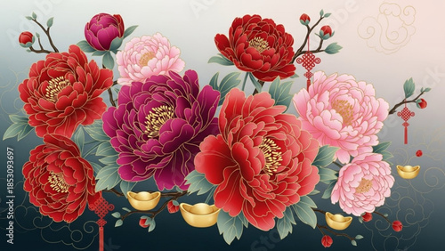 Vibrant peony flowers in shades of pink, red, and purple with gold coins on a gradient background