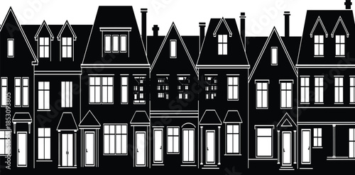 Traditional townhouse silhouettes forming elegant urban residential street, classic architecture facade pattern and city neighborhood concept illustration isolated on white background