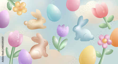 Cute 3D Easter Background - Soft Pastel Bunnies, Colorful Eggs and Spring Tulips