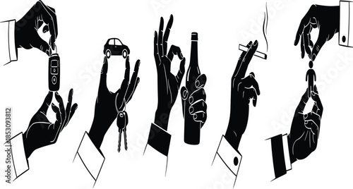 Hand gestures silhouettes holding car keys, bottle, cigarette and money, lifestyle choices, habits and consumer behavior concept illustration isolated on white background
