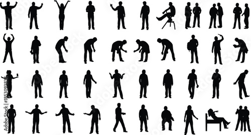 Men silhouettes collection in diverse standing, walking and gesturing poses, body language, communication and everyday lifestyle concept illustration isolated on white background