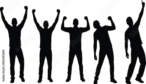 Excited men silhouettes celebrating victory with raised fists, success, motivation and achievement concept illustration isolated on white background