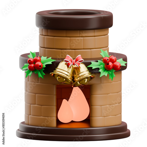 Cozy fireplace 3d illustration with golden bells and christmas holly isolated on transparent background