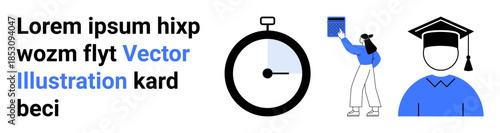 Education, time management, academic achievement, scheduling, learning motivation, deadlines. Stopwatch, person writing on board graduation cap illustration. Education and time management concept