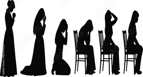 Female silhouettes expressing grief, sadness and emotional stress in sitting and kneeling poses, mental health and depression concept illustration isolated on white background