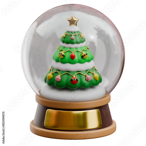 Christmas snow globe 3d render featuring decorated pine tree with golden base isolated on transparent background