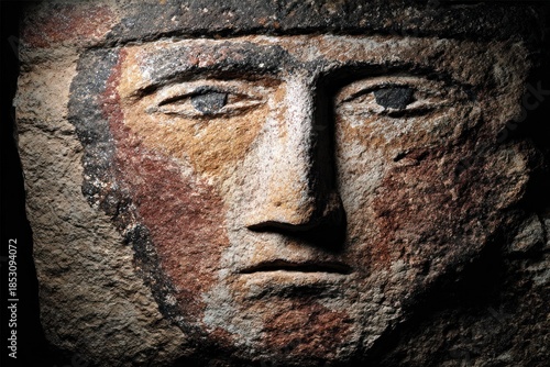 Stone wall in a cave shows a face carving with color details and rough texture