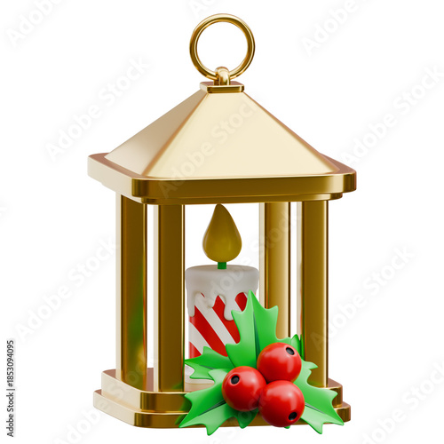 Christmas lantern with candle and holly berries for holiday decoration