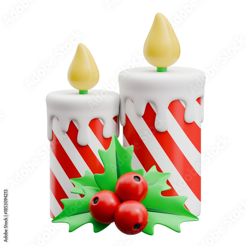 Christmas candles with holly berries 3d icon on transparent background