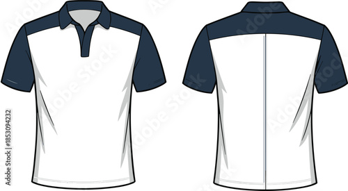 White and navy polo shirt mockup, front back view, short sleeve vector illustration for apparel branding fashion template design