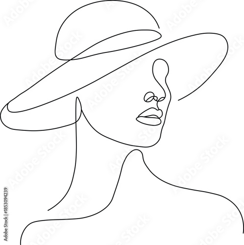 Elegant continuous line art drawing of a woman wearing a stylish wide-brimmed hat
