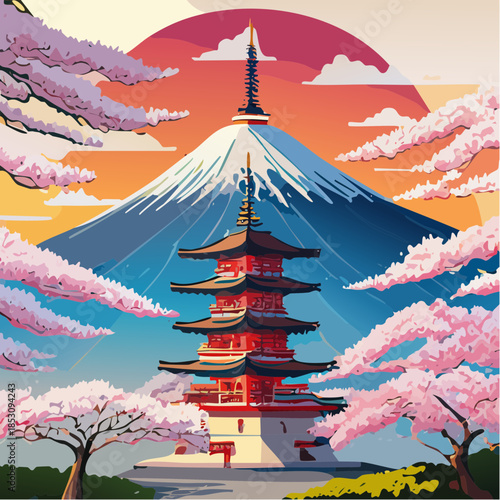 Traditional Japanese Pagoda in Front of Mount Fuji Landscape