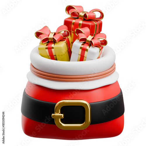 Santa claus gift bag with presents 3d render on transparent background