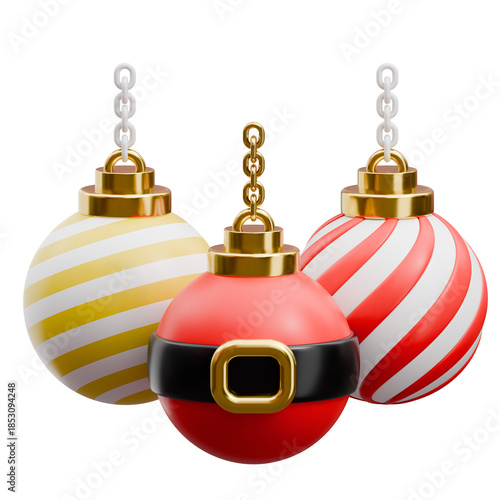Set of christmas baubles with santa belt and stripes 3d icon
